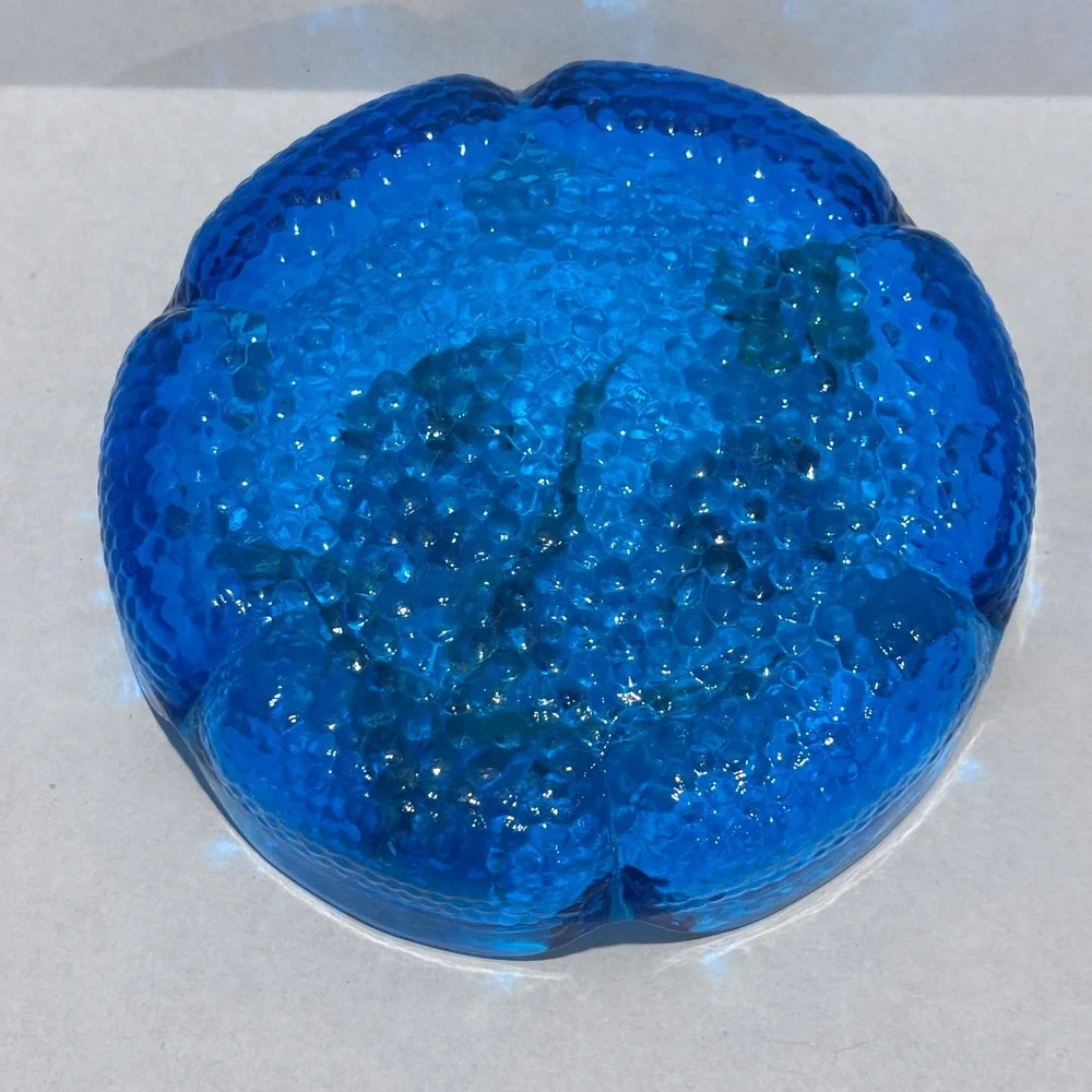 Vintage Blue‎ Glass Ash Tray Hand Painted Butterflies Floral Scalloped Edge